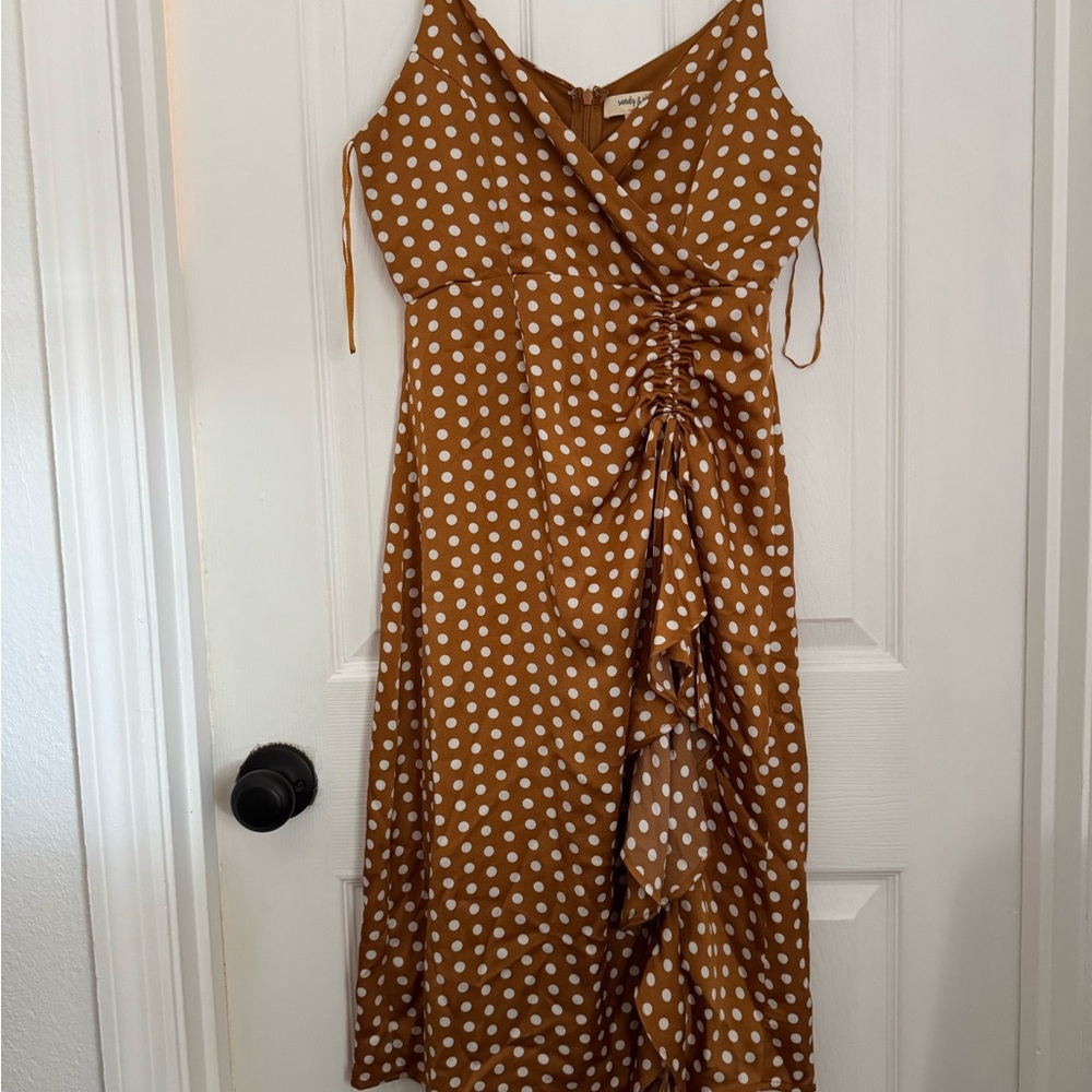 Polka Dot Ruched Midi Dress in Brown